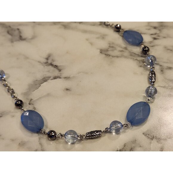 Vintage Blue Beaded Necklace With Silver Tone Accents & Chain - Picture 2 of 3